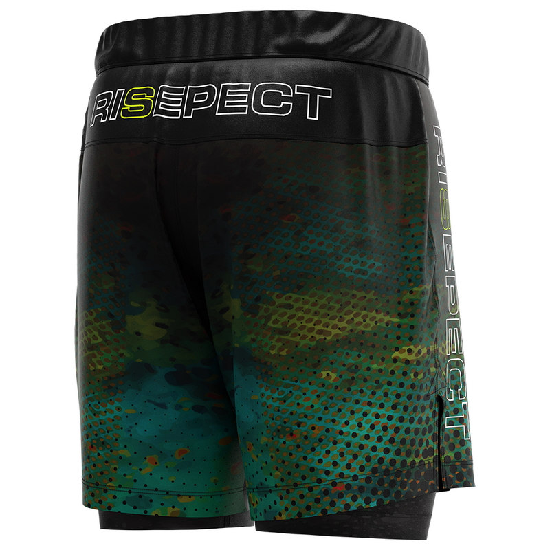 Green Mash Camouflage 2 in 1 BJJ MMA Double Layer Shorts With Black Mash Compression Liner back custom logo view