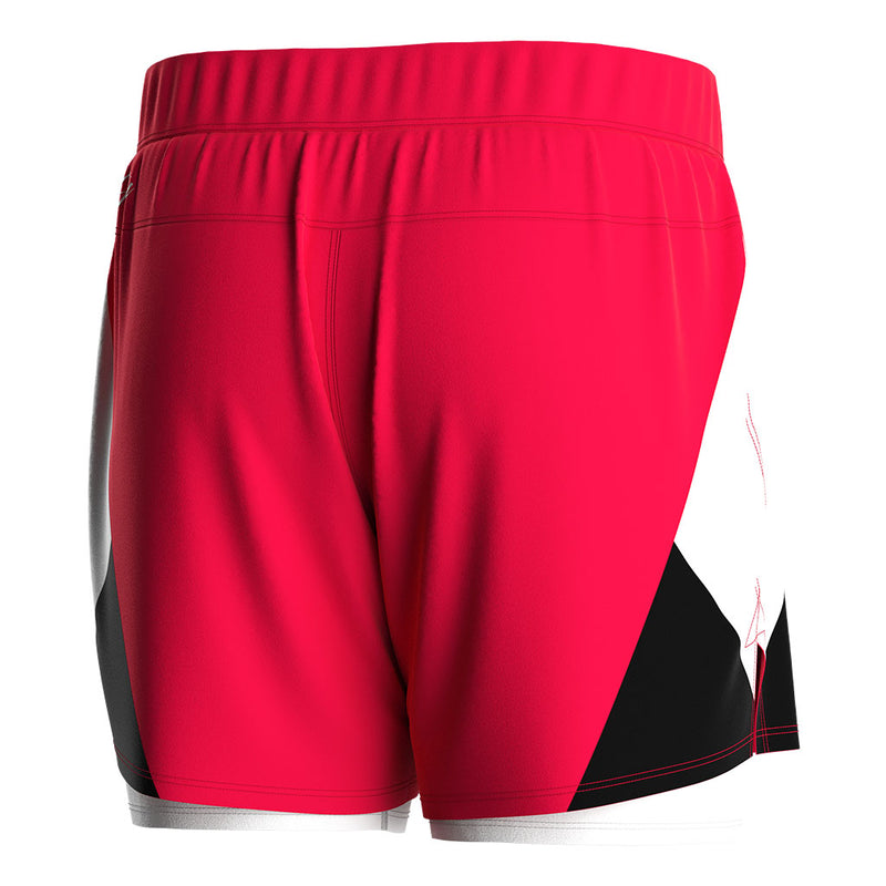 Beautiful 3-colors Mixed 2 in 1 BJJ MMA Double Layer Shorts Red-White-Black With White Compression Liner right-back view