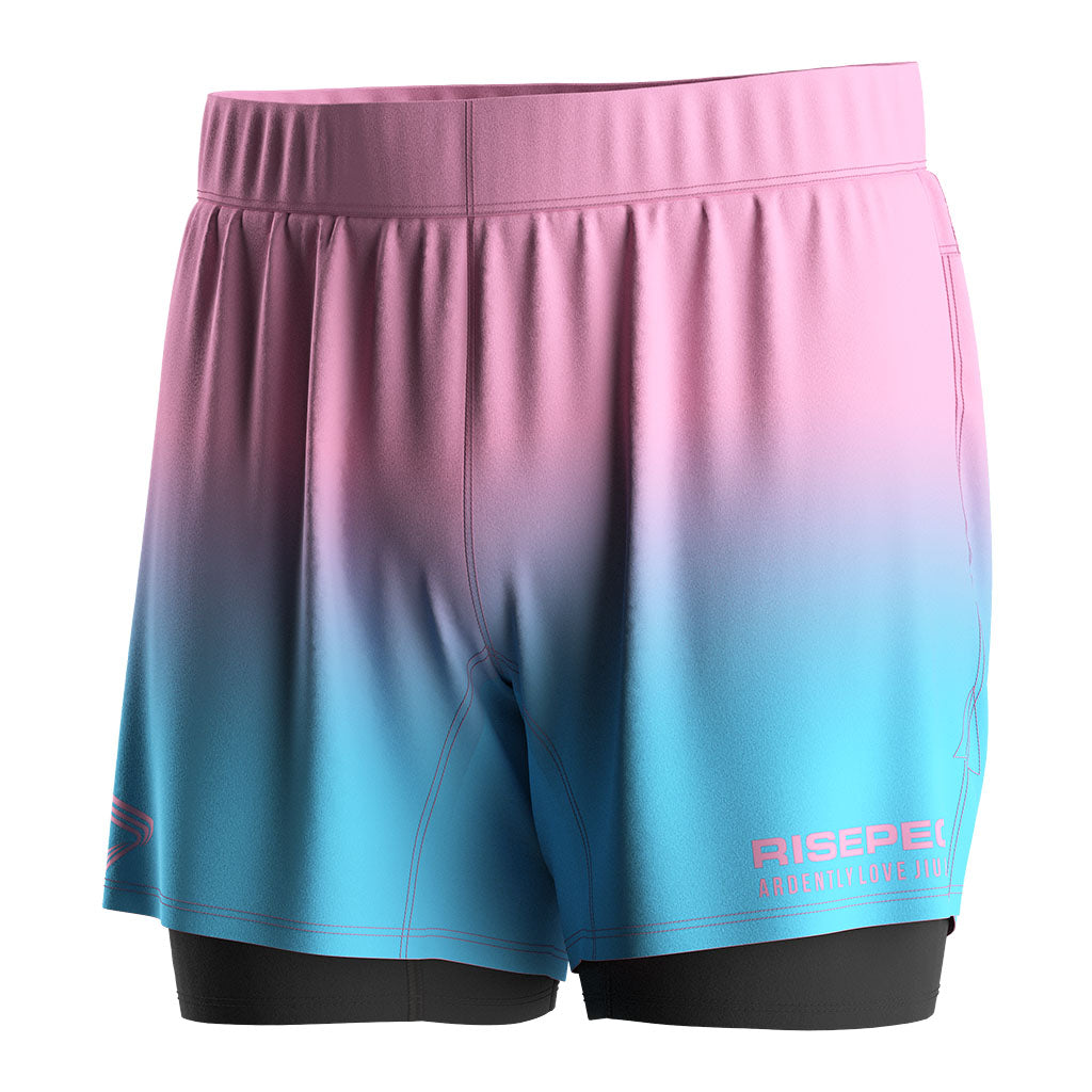 Pantalones cortos de doble capa 2 en 1 azul-rosa degradado BJJ MMA
