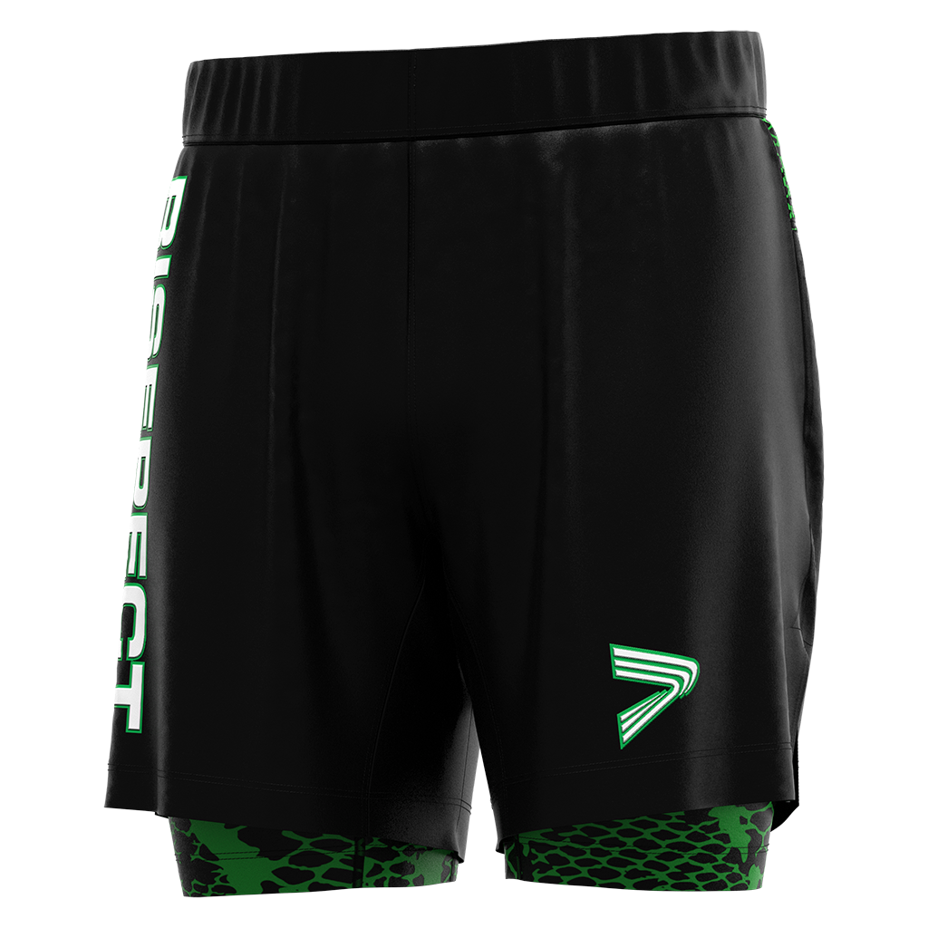 2-in-1-BJJ-MMA-Doppelschicht-Shorts mit grüner Schlangenhaut
